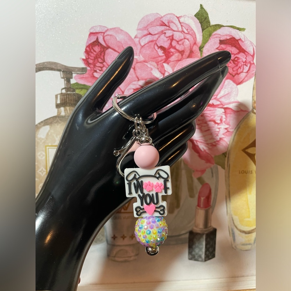 I Woof You Keychain with Pink and Multicolor Beads